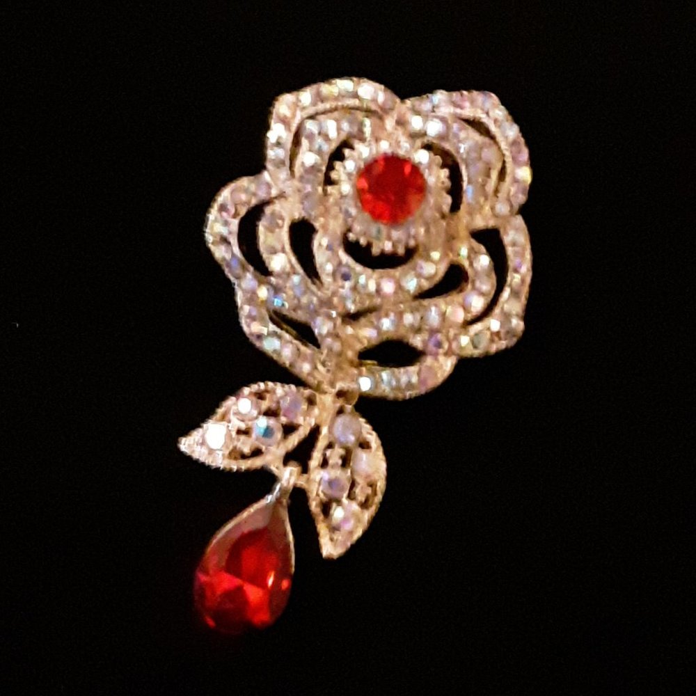Golden ROSE Red JEWELS Rhinestone Flower Brooch - Picture 2 of 6